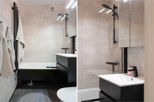 Det nyrenoverade badrummet ger ett modernt intryck