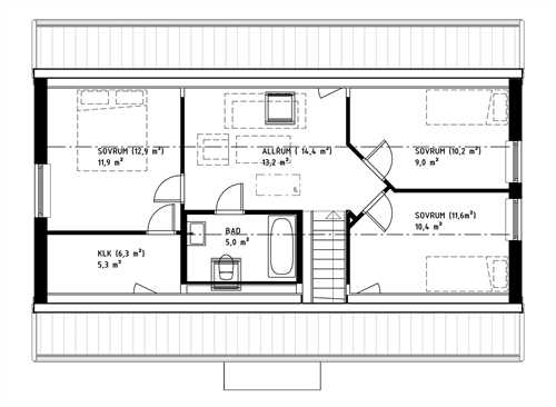 Planritning till exempel Villa Nygård - övre plan
