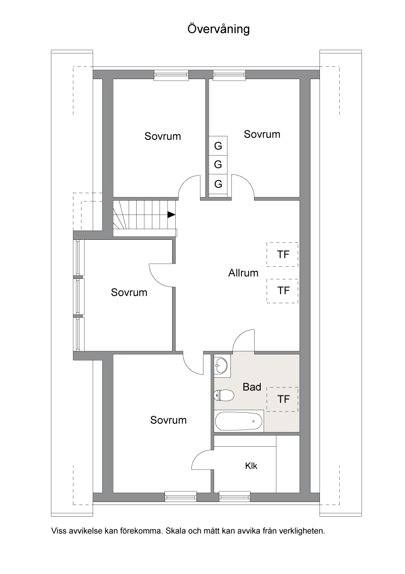 Möjligt planlösning på ovanvåning med 4 sovrum