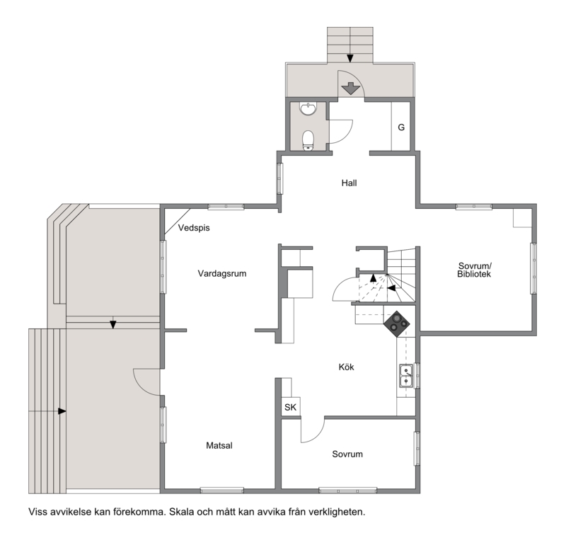 Planlösning för huvudbyggnadens bottenplan