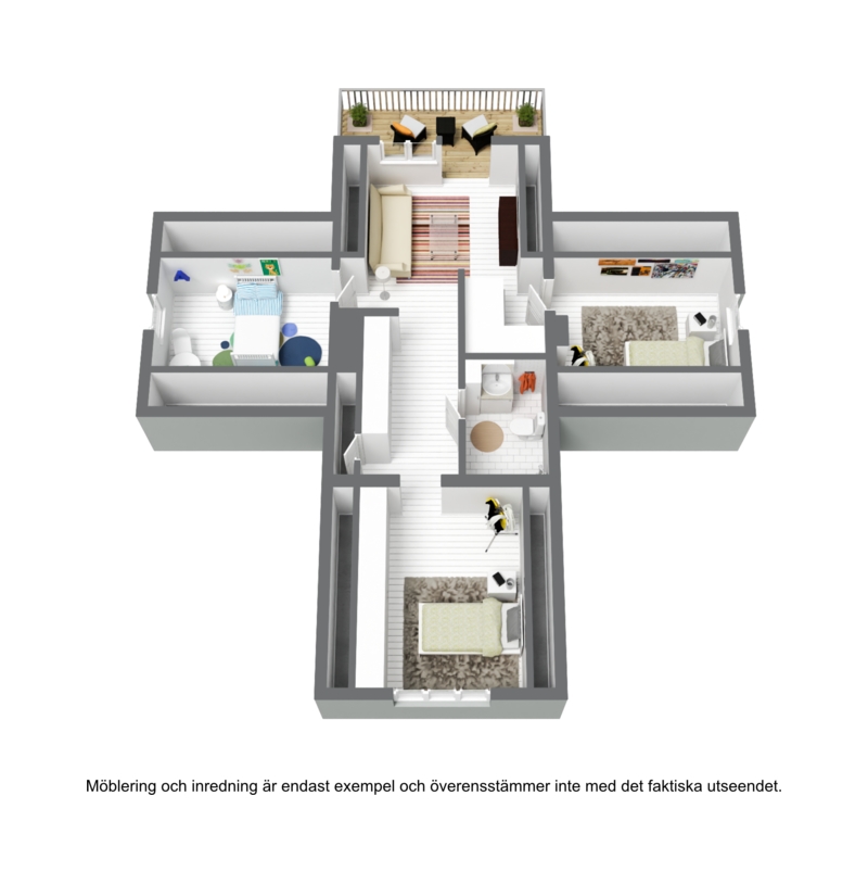 Planlösning för huvudbyggnadens övre plan i 3D