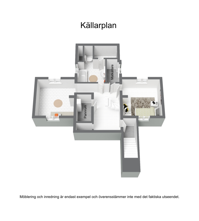 Planlösning för huvudbyggnadens källarplan i 3D