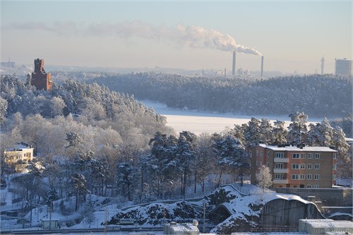 Vacker vinterutsikt från balkongen