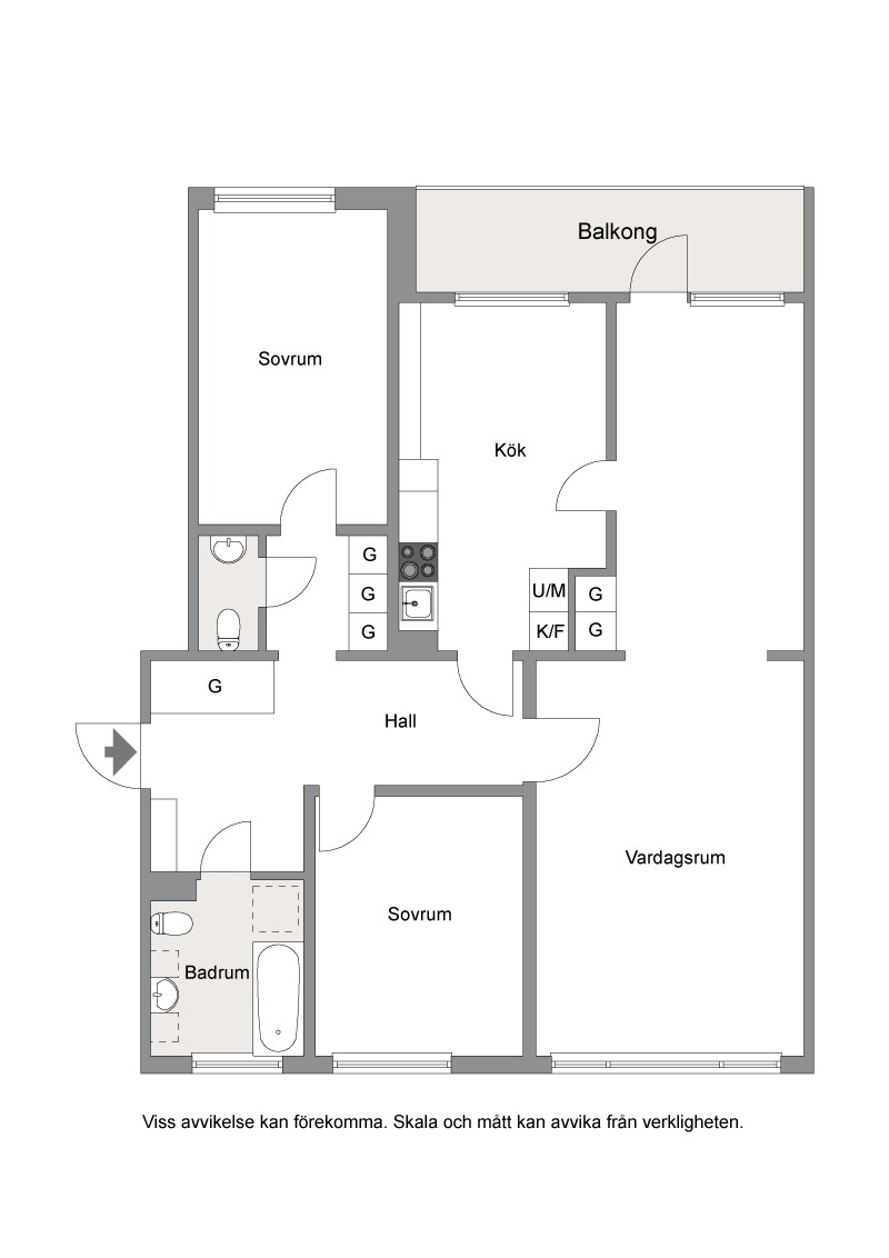 Planritning med öppen planlösning mellan rum