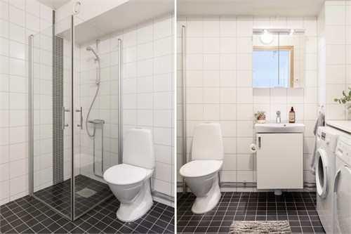 Helkaklat badrum med tidlös färgsättning