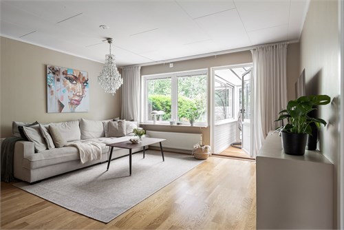 Rymligt vardagsrum med plats för en rejäl soffa