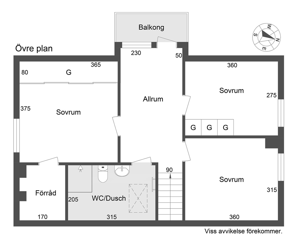 Alternativ med tre sovrum på övre plan